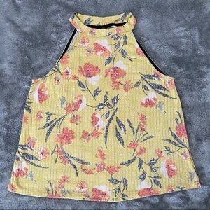 Anthropologie W5 High Neck Floral Ribbed Tank Top Size Medium Button Back